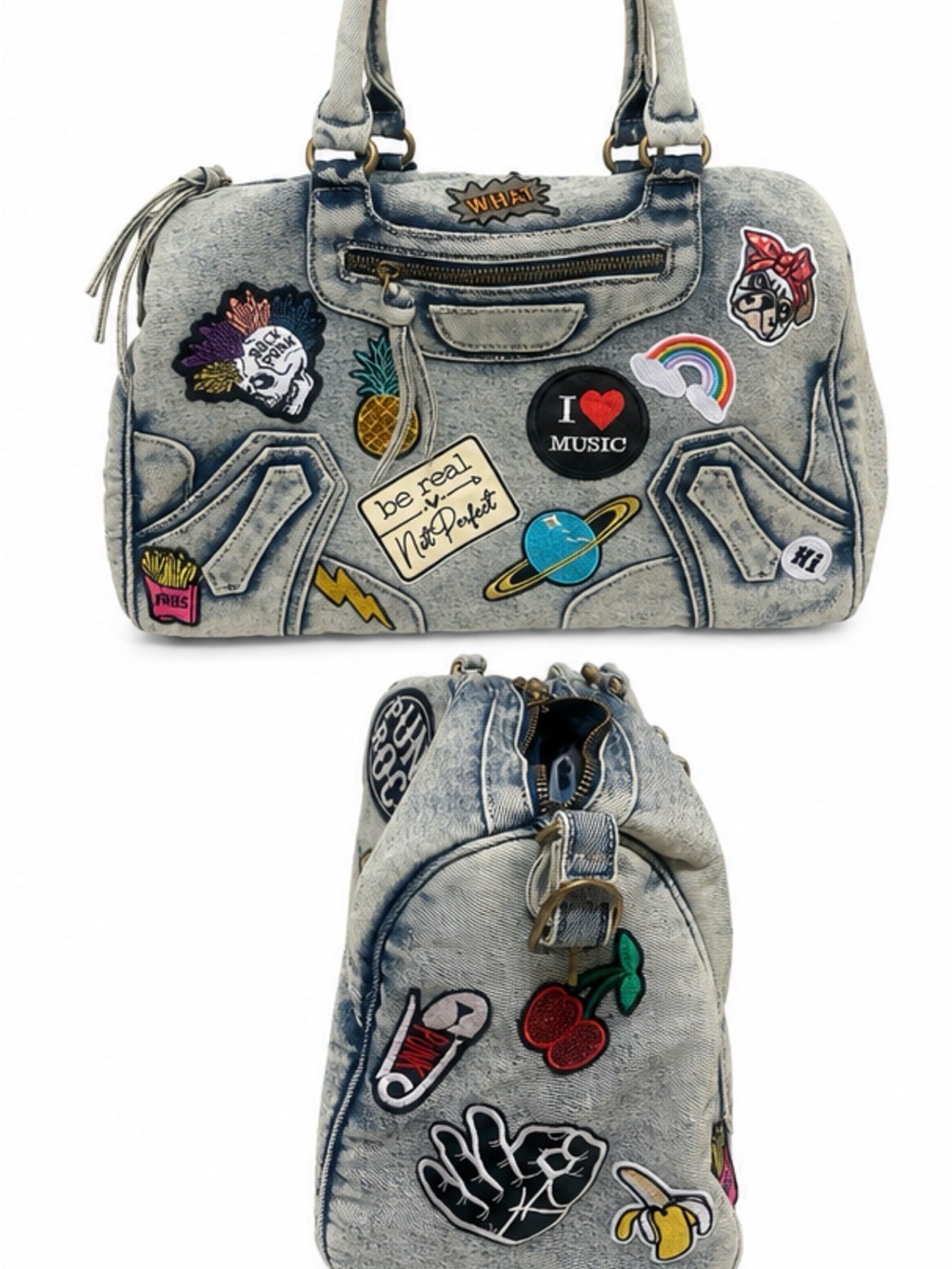 Balenciaga Light Gray Denim Patchwork Satchel with Multicolor Patches